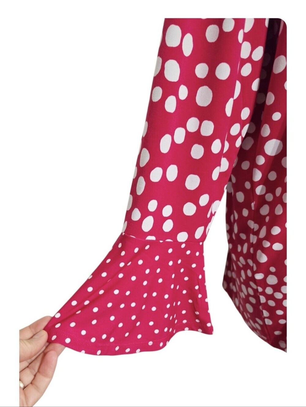Susan Graver 1X Liquid Knit Tunic Top Pink White Polka Dot Bell Sleeve Stretch - Picture 4 of 11